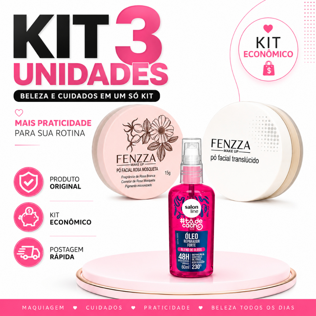 Kit 3 Un Pó Facial Fenzza e Óleo Reparador Salon Line