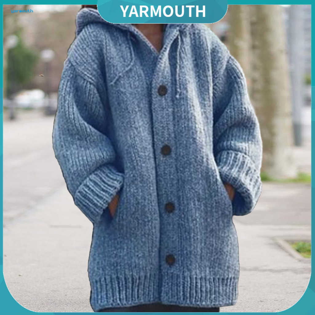Women Hooded Sweater Coat Mid-length Cardigan Women’s Knit Long Sleeve Drawstring Single Breasted Solid Color Outwear