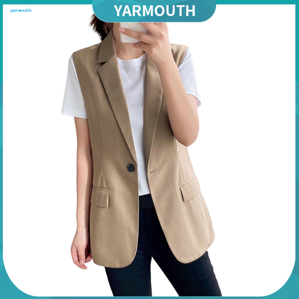 Women Vest Urban Jacket Women’s Waistcoat Cardigan Mid-length Formal Office with Turn-down Collar and Single Button Cl