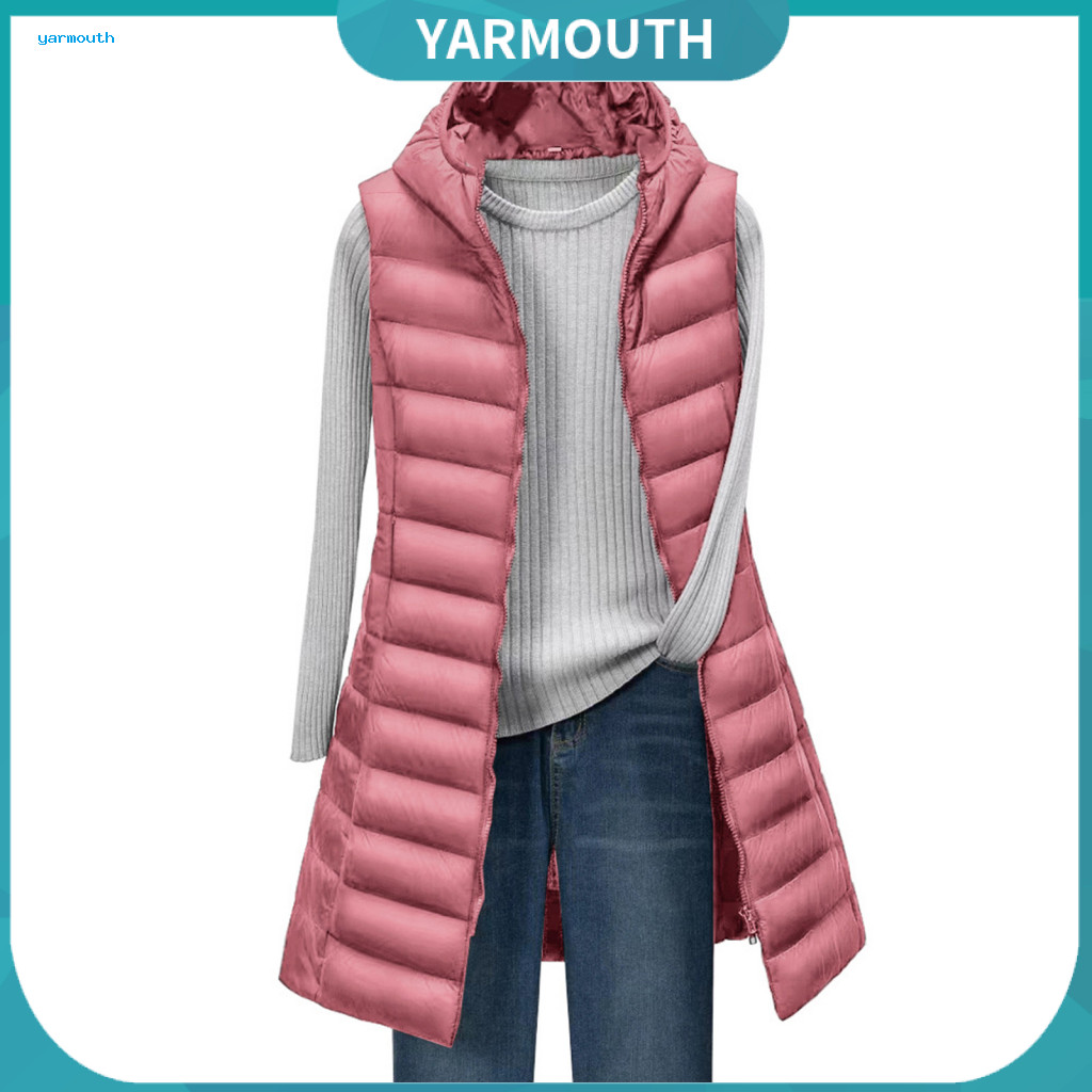 Women Vest Coat Winter Lady Cotton with Hooded Mid-length Waistcoat Thin Padded Windproof Zipper Cardigan Outerwear Soli