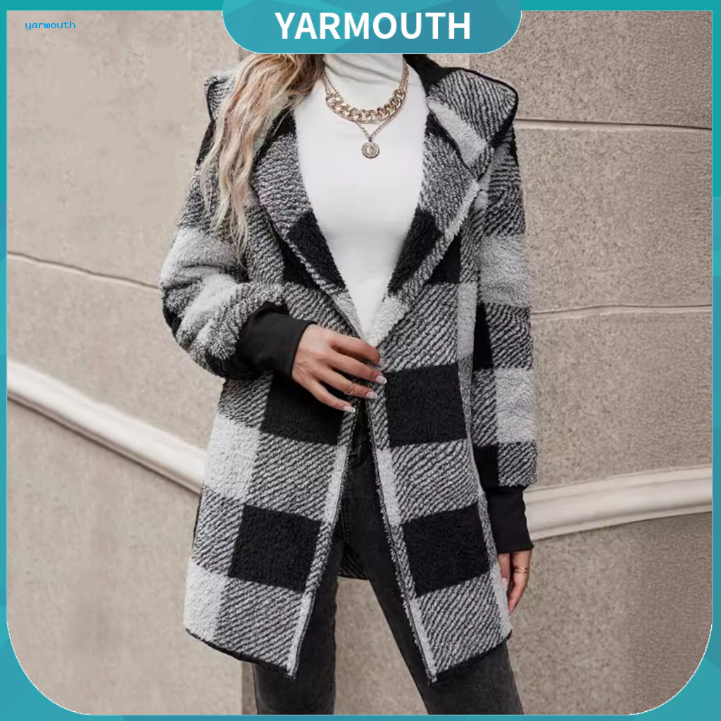 Women Sweater Coat Loose Fit Winter Plaid Hooded for Thick Fuzzy Plush Mid-length Cardigan Jacket Windproof Open Stitch