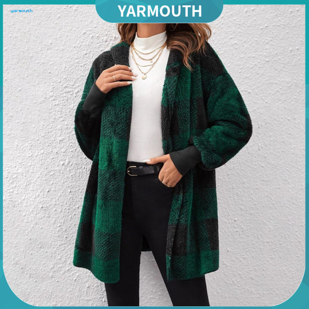 Women Sweater Coat Lightweight Cardigan Jacket Women’s Plaid Knit Open Front Hooded Long Sleeve Mid-length Loose Fit S