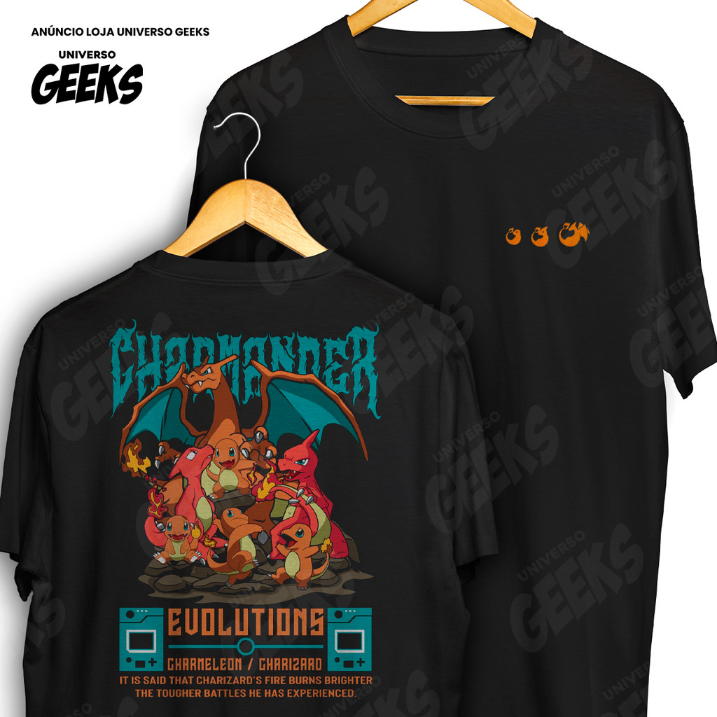 Camiseta Frente E Verso Pokemon Evoluções Charmander Charmeleon Charizard Camisa De Anime 100% Algodão