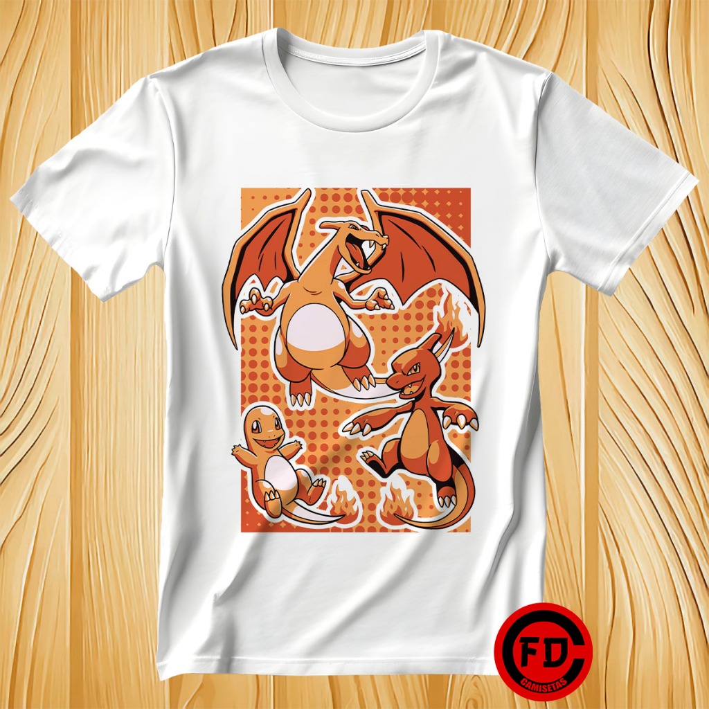 Camiseta Branca Pokémon Charmander Charmeleon e Charizard Unissex