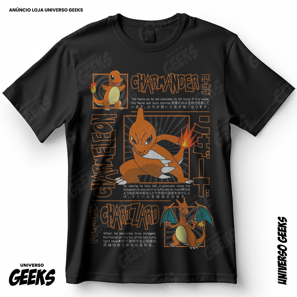 Camiseta Pokémon Charmander Charmeleon Charizard Anime Blusa Camiseta de Anime 100% Algodão