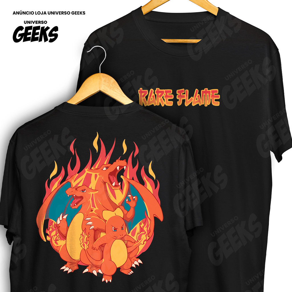 Camiseta Frente e Verso Linha Evolutiva Charmander Charmeleon Charizard Pokemon Camisa de Jogo 100% Algodao