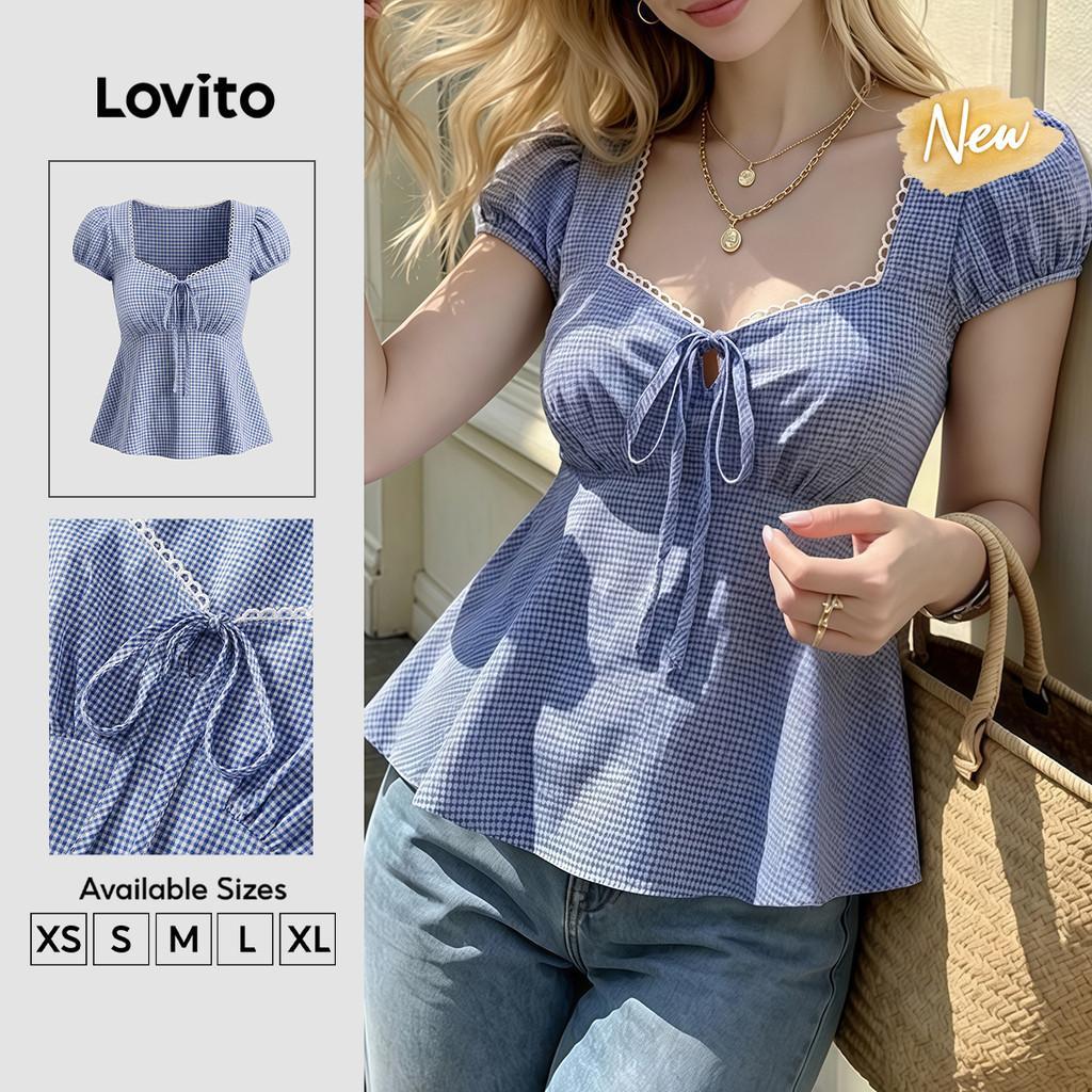 (New Arrival) Lovito Casual Plaid Short Sleeve V Neck Lace up Pleated Spring Summer Weekend Blue White Blouse for Women BLK10P1D247
