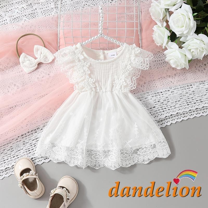 0-24 Meses Baby Girl Fly Sleeve Crew Neck Lace Patchwork Linha A Vestido De Princesa Com Fita De Cabeça Summer White