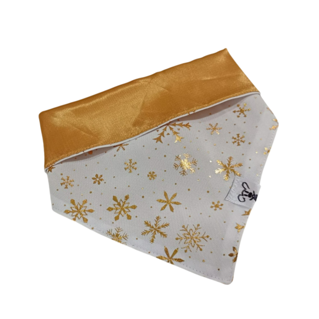 Bandana para Pet Animaliê natal branco floco dourado Dupla Face com Botão de Pressão