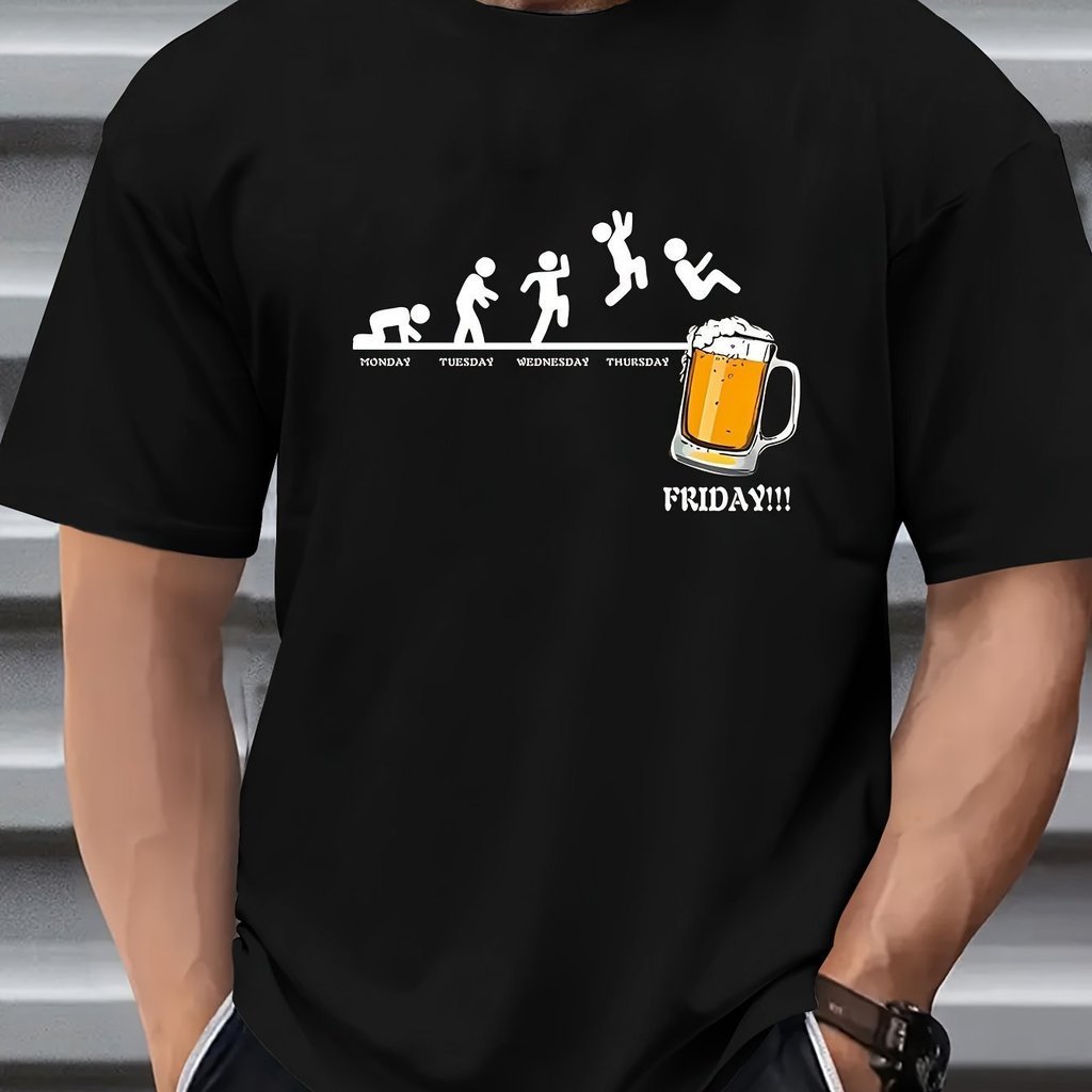 Men's Beer Graphic Print Casual Crew Neck T-Shirt -White, Short Sleeve, Perfect for Casual Attire