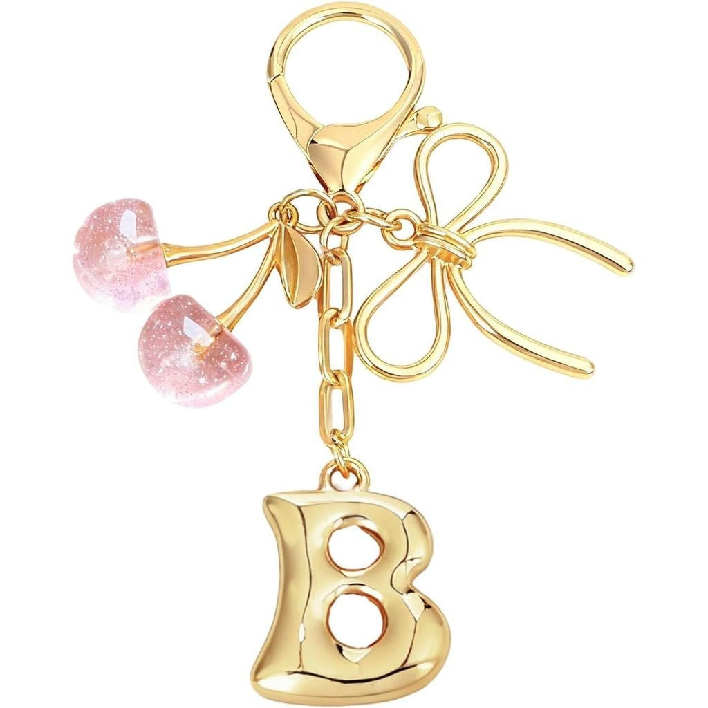 Snycler Bubble Initial Keychain with Bow & Cherry - Gold Letter Bag Charms for Women, Cute Purse Handbag Accessories