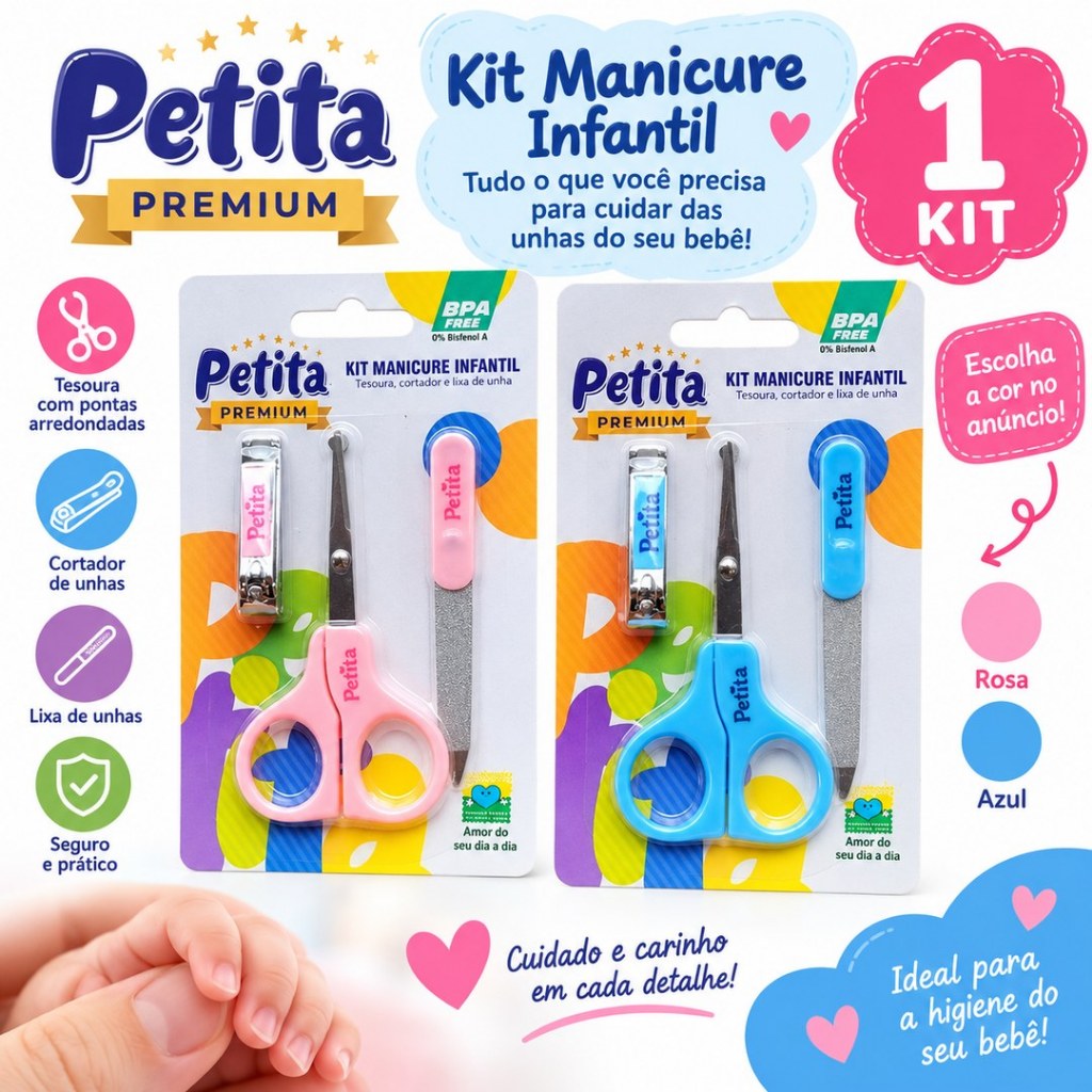 Kit Manicure Petita Bebê Tesoura Cortador Lixa Higiene Cuidado Delicado Seguro Confortável Unhas Corte Preciso Infantil