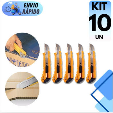 KIT 10 ESTILETE DE METAL E PLASTICO LÂMINA 16CM COM TRAVA DE SEGURANÇA CORTE PRECISO E SEGURO