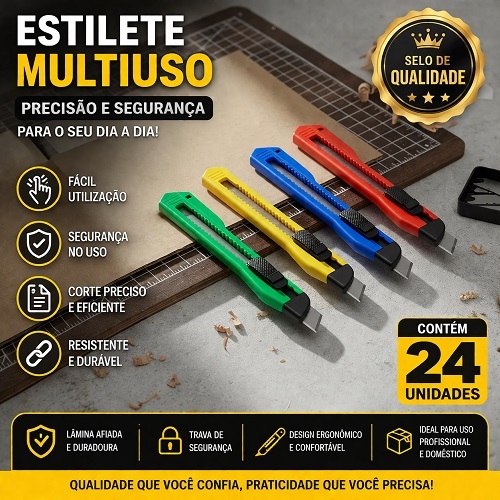 Estilete com Lâmina Estreita Masterprint com 24 Unid Corte Preciso e Seguro Escritório Papelaria