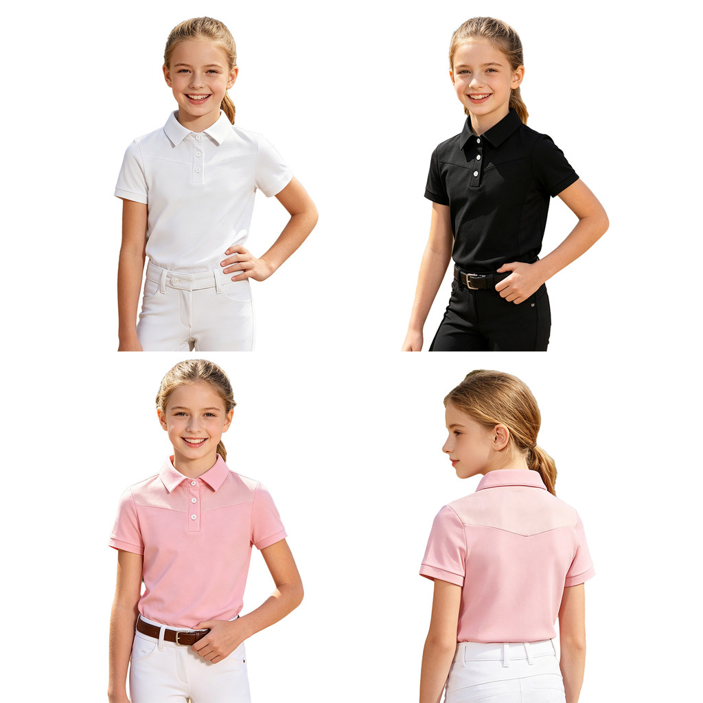 inhzoy Girls Horse Riding Top Turn Down Collar Short Sleeve Buttons Closure Design Equestrian Costumes Sports Shirt