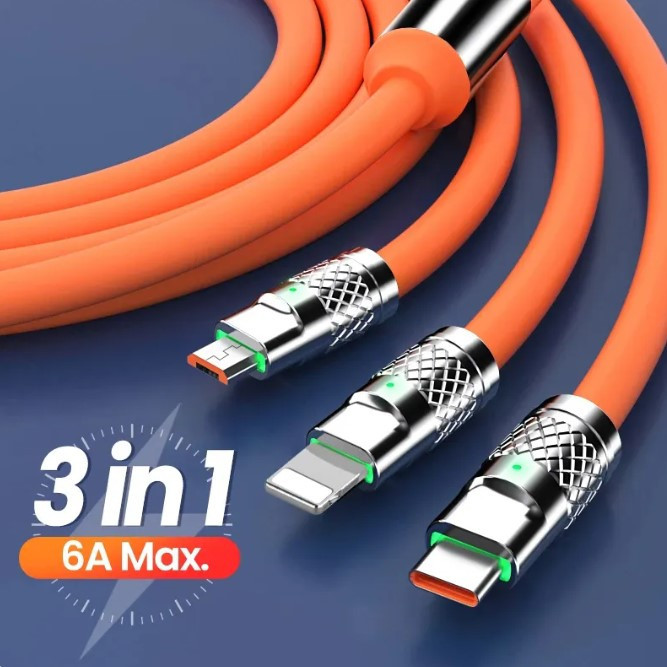 Super Fast Charging/240W Charger Cabo de Carregamento Rápido de Metal 3 em 1 6A Micro USB, Type-C, iPhone Multi-Device