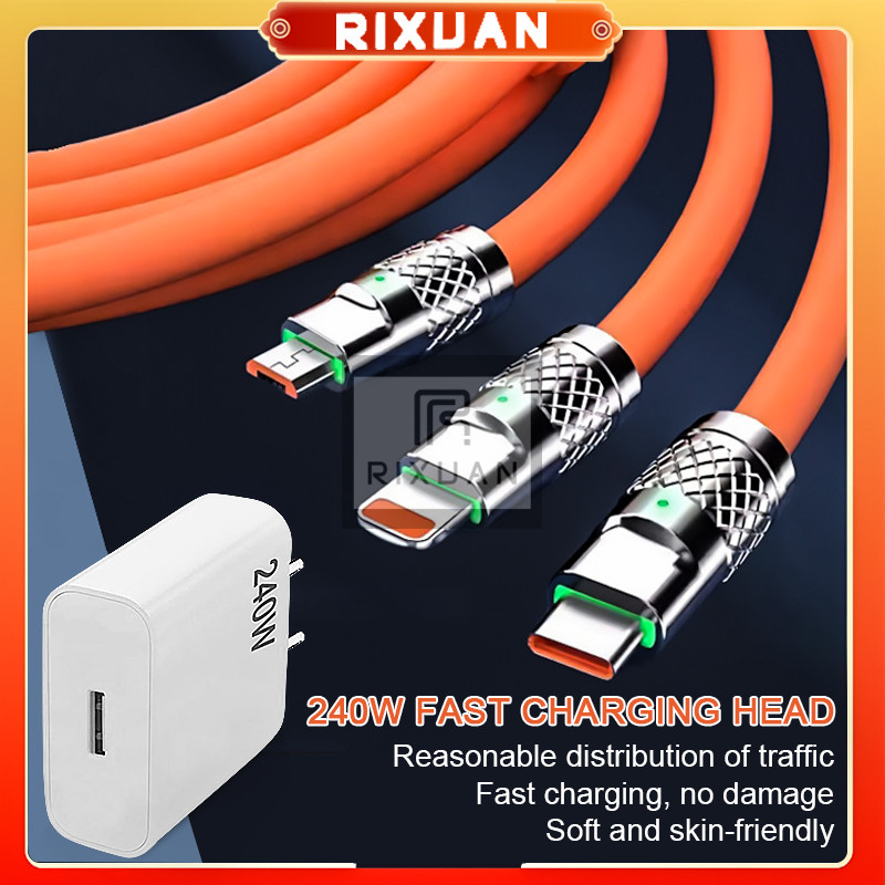 6A  USB Type-C iPhone Multi-Device Super Fast Charging 240W Charger Cabo de Carregamento Rápido de Metal 3 em 1
