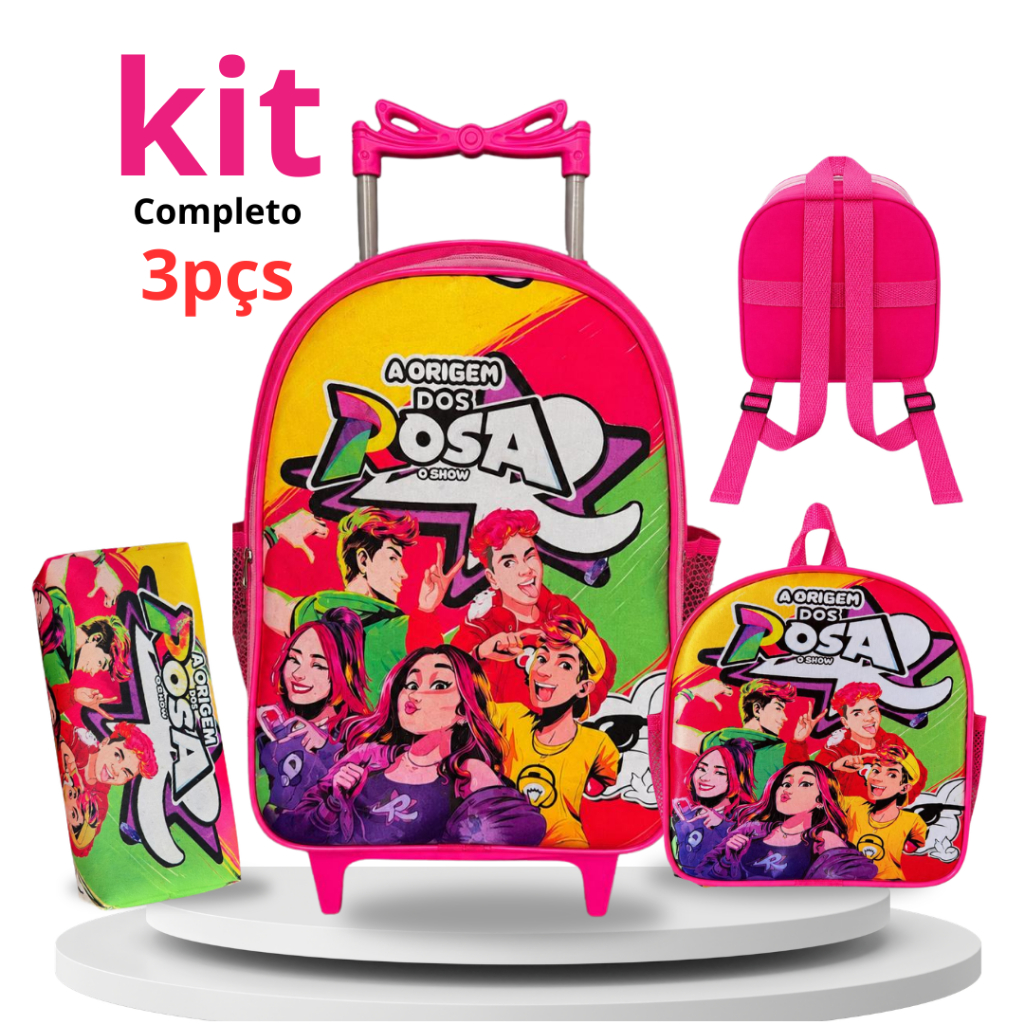 Kit Mochila Escolar Infantil com Carrinho e Rodinhas + Lancheira  + Estojo 3 Peças Emily vick