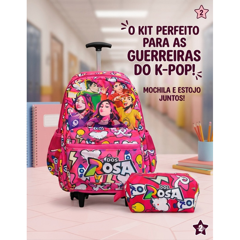 Kit Escolar Mochila Emilly Vick os Rosas Rodinha Tamanha grande e Estojo