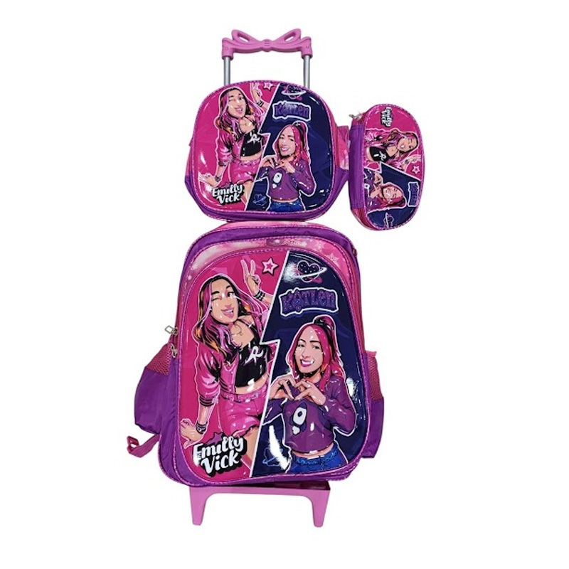 Kit Mochila Emilly Vick Ketlen com Rodinhas + Lancheira Térmica + Estojo Escolar em 3D Alto Relevo