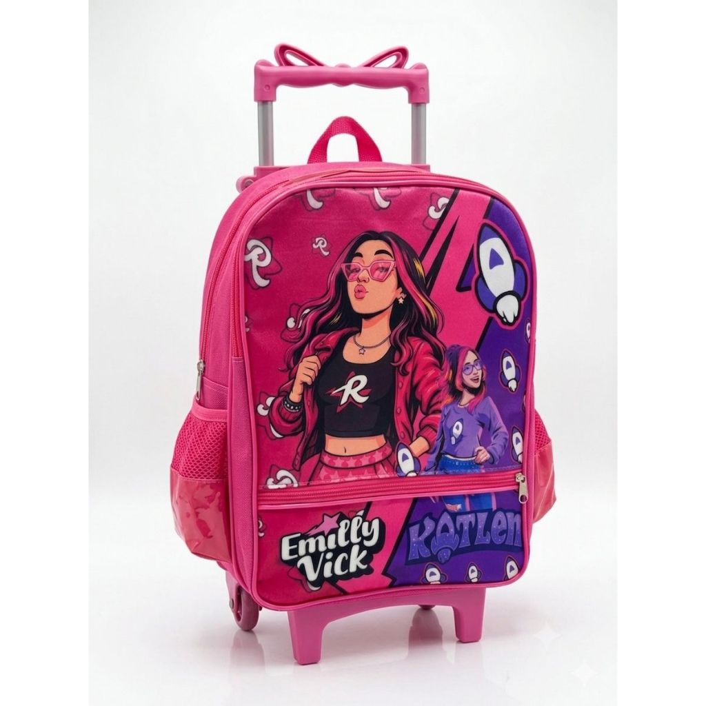 Mochila rodinha escolar Emilly Vick dos rosas infantil tamanho grande bolsa menina rosa