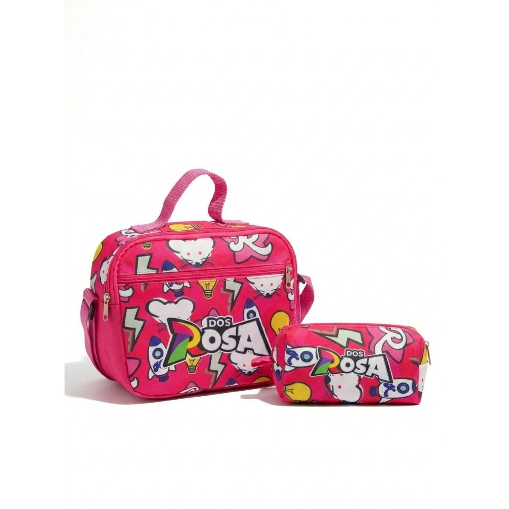 kit lancheira térmica e estojo emilly vick dos rosas escolar infantil transversal envio rápido