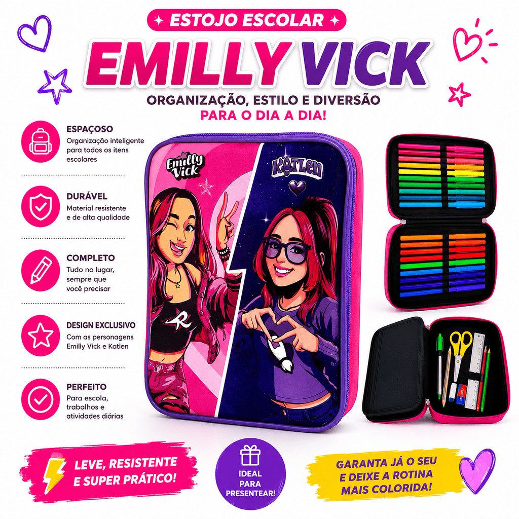 Estojo Emilly Vick Katlen Escolar Infantil Menina Box Grande Os Rosa 24 Elásticos Organizor Lapis Caneta