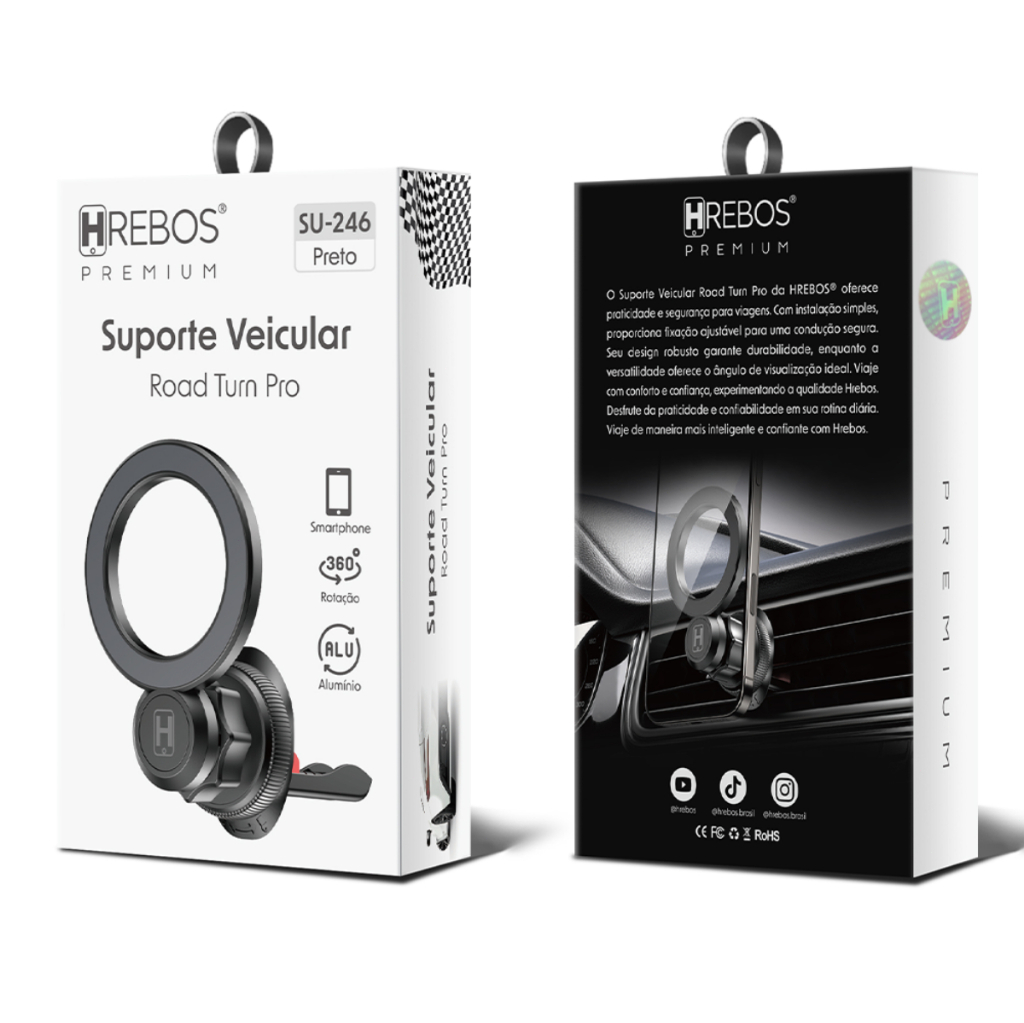 HREBOS Suporte magnético veicular; permite rotação de 360° e é compatível com diversos modelos de veículos.