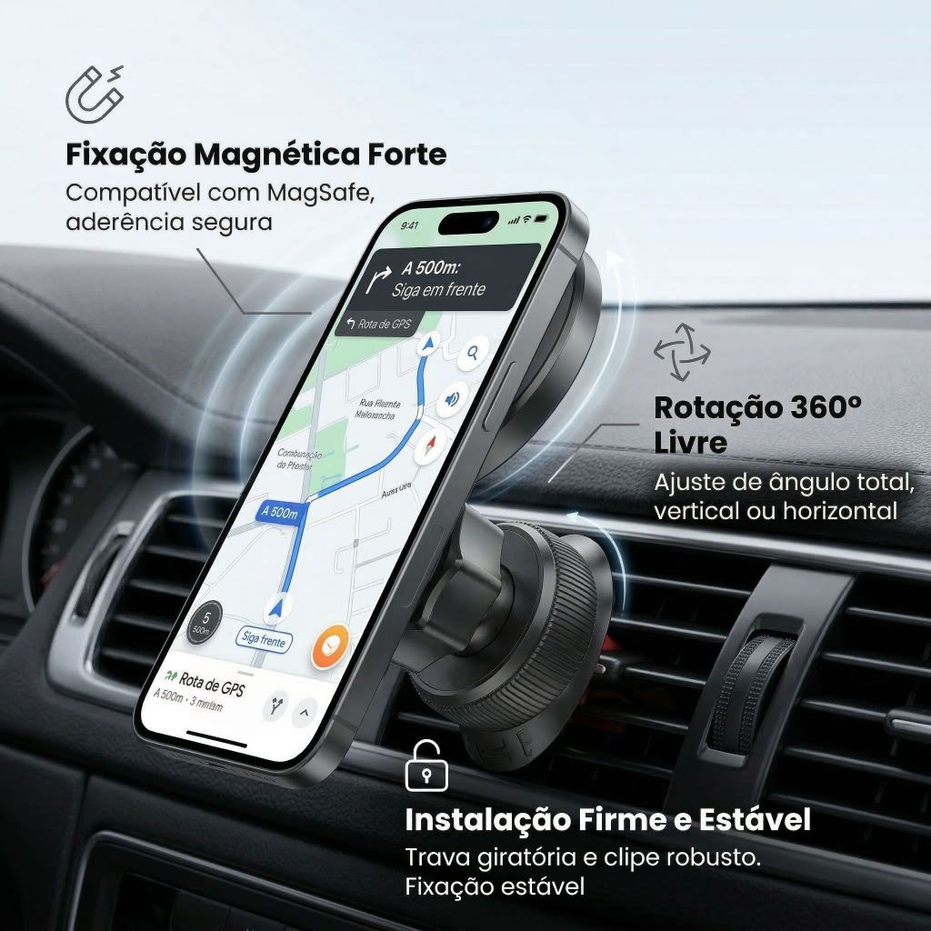 HREBOS Suporte Veicular Magnético Road Turn Pro SU‑246 Compatível MagSafe Rotação 360° Para Saída de Ar Carro Preto