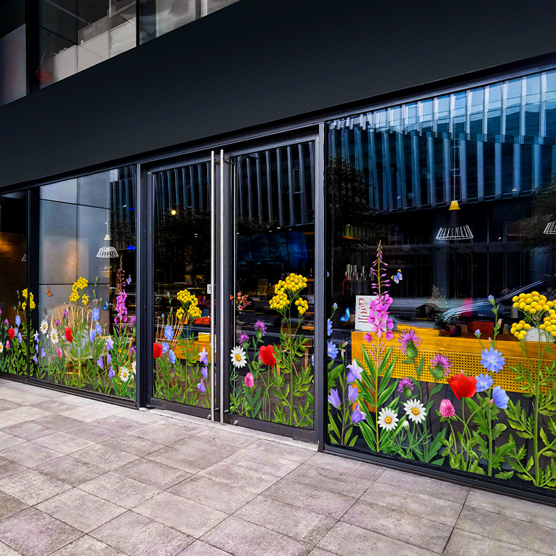 Nova chegada decoração de flores de verão adesivo de porta de vidro estático restaurante loja janela atmosfera transpare