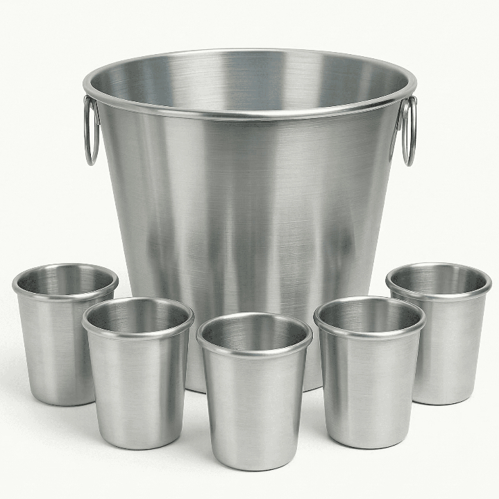 Kit Conjunto Balde De Gelo 3 Litros COM 5 Copos De Alumínio Escovado 200ml Bar Festa Cerveja Drink