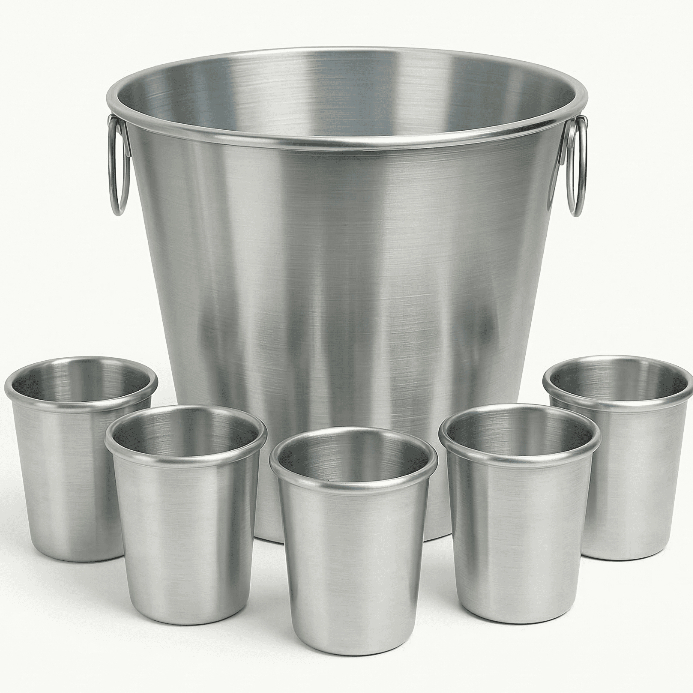 Kit Conjunto Balde de Gelo Alumínio 1 Litro + 5 Copos de Alumínio 200ml Resistente Elegante Bebidas