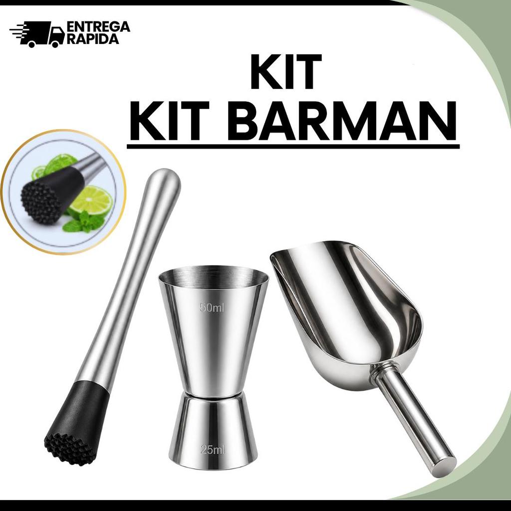 Kit Barman Inox Caipirinha Barman Barmen 3 Peças Profissional Socador Pa Gelo Copo Dosador