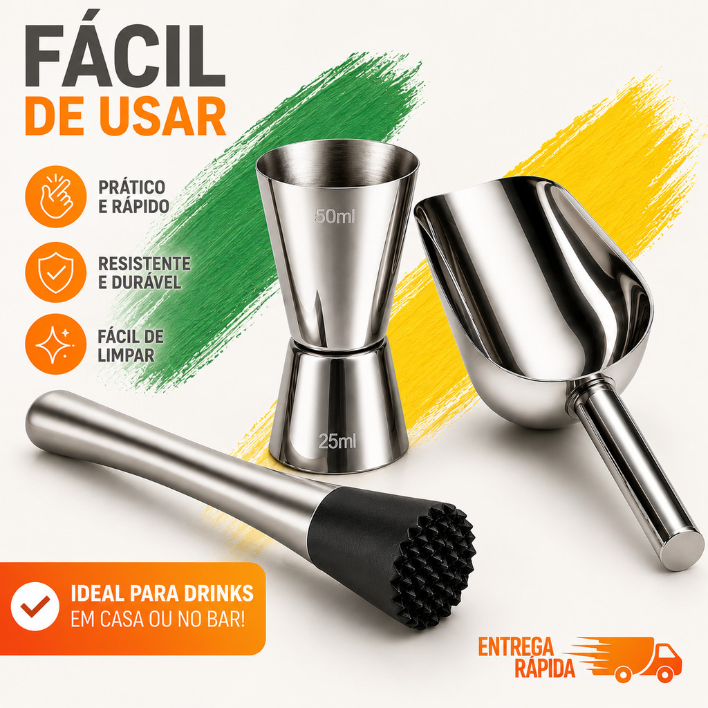 Kit Bar em Casa Copa 2026 Barman Inox Caipirinha Barman Barmen 3 Peças Profissional Socador Pa Gelo Copo Dosador