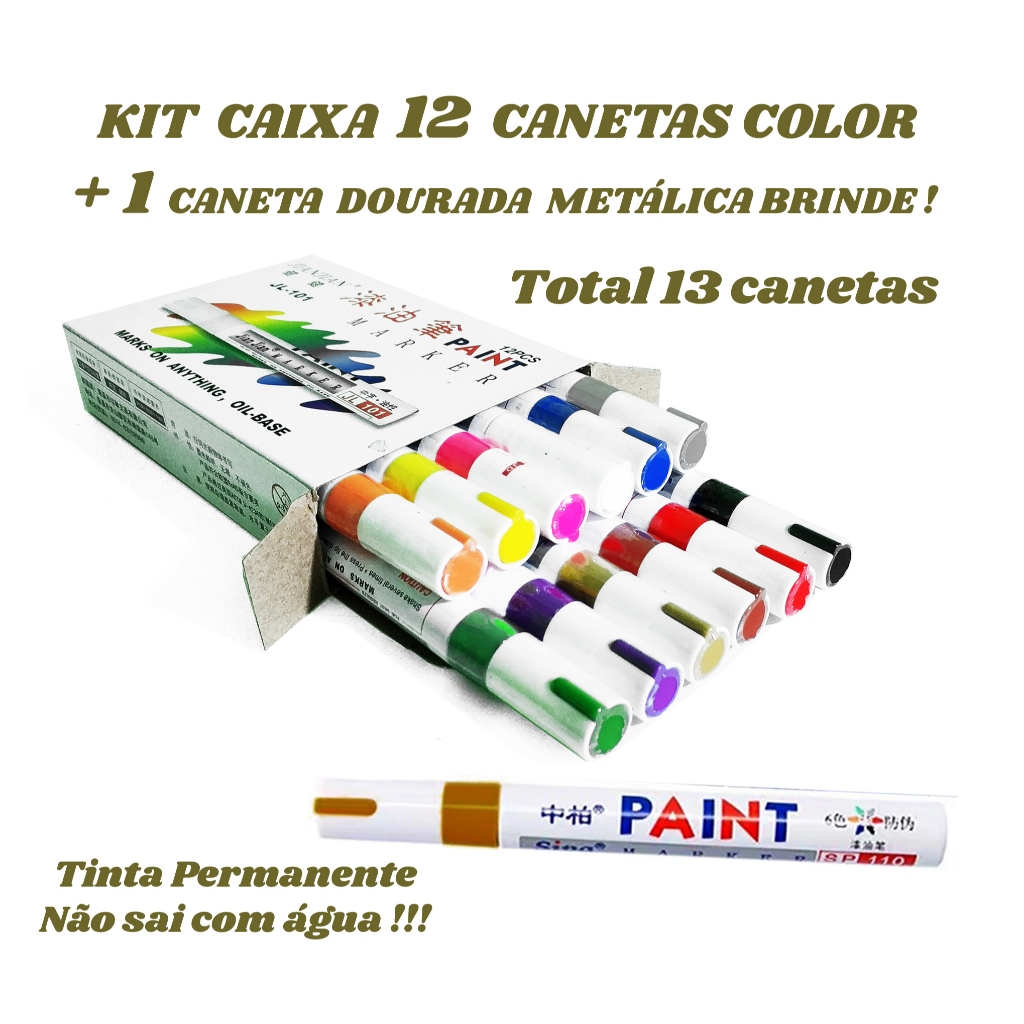 MDF CORRETOR DE RISCOS E ACABAMENTO CAIXA CANETA 12 CORES TINTA PERMANENTE + 1 CANETA DOURADA BRINDE