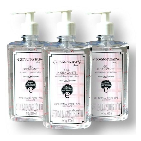 Kit 3 Álcool em Gel Higienizante Giovanna Baby Classic 500ml 70º - Higieniza e Hidrata com Suave Perfume