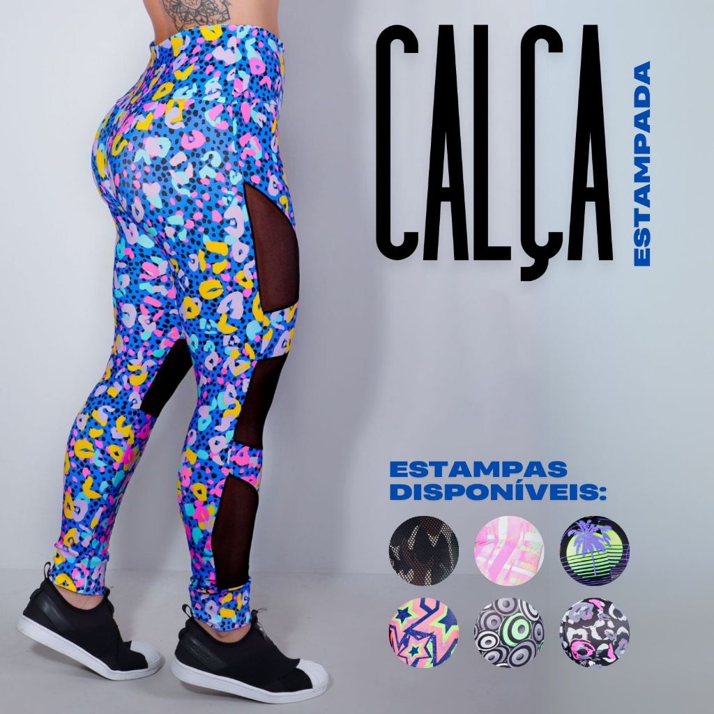 Calça Estampada Suplex Recortes em Tule Charmoso Academia Cós Alto Sustentação Alta Qualidade Oferta