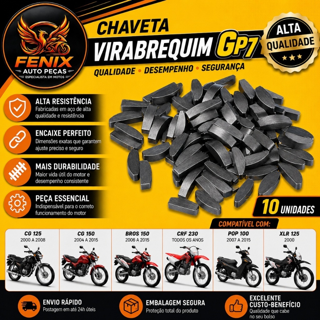 10 UNID. CHAVETA VIRABREQUIM GP7 CG 125 00/08 - CG 150 04/15 - BROS 150 06/15 - CRF 230 - POP 100 07/15  - XLR 125 2000