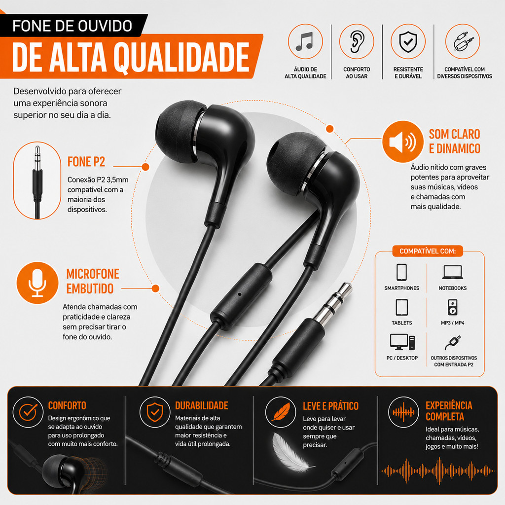 Fone de Ouvido Com Fio Entrada P2 Microfone Com Controle de Chamadas