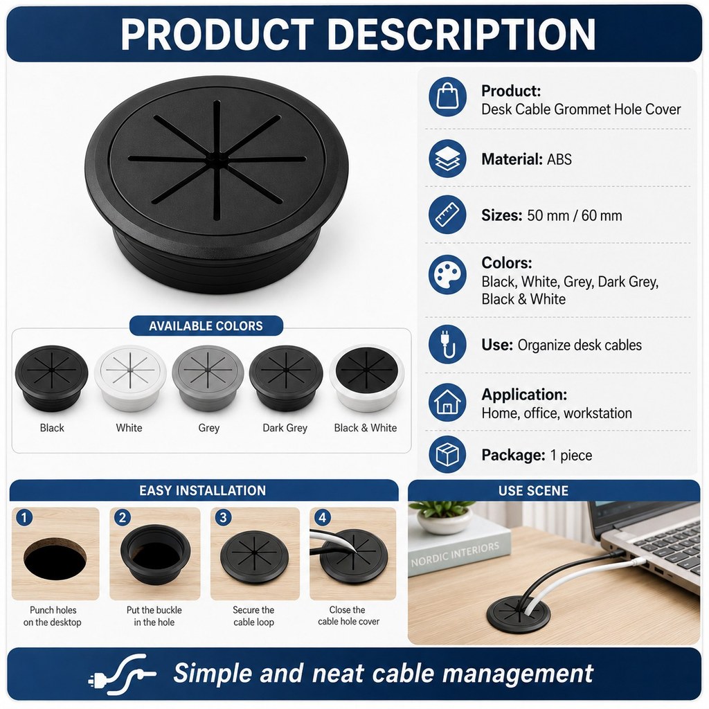 50/60MM Desk Cord Grommet - Wire Hole Cover Cable Outlet Port for Office Table, Cable Passing Box & Desk Cable Organizer