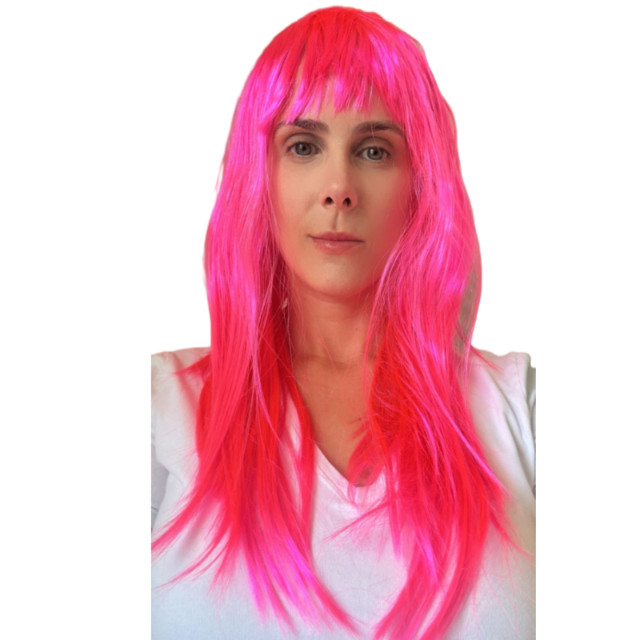 Peruca Pink Longa Lisa 60cm Fantasia Halloween Carnaval Teatro Acessório Estilosa Versátil Confortável Glamurosa Linda
