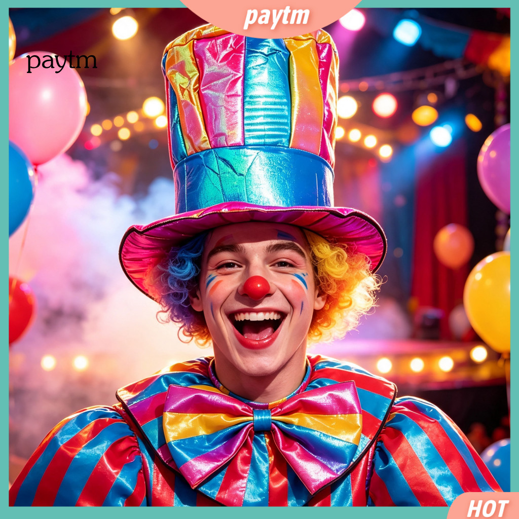 Circus Clown Stage Prop Magician Top Hat Colorful Glossy Wide Brim Retro Striped for Halloween Mardi Gras Cosplay Party
