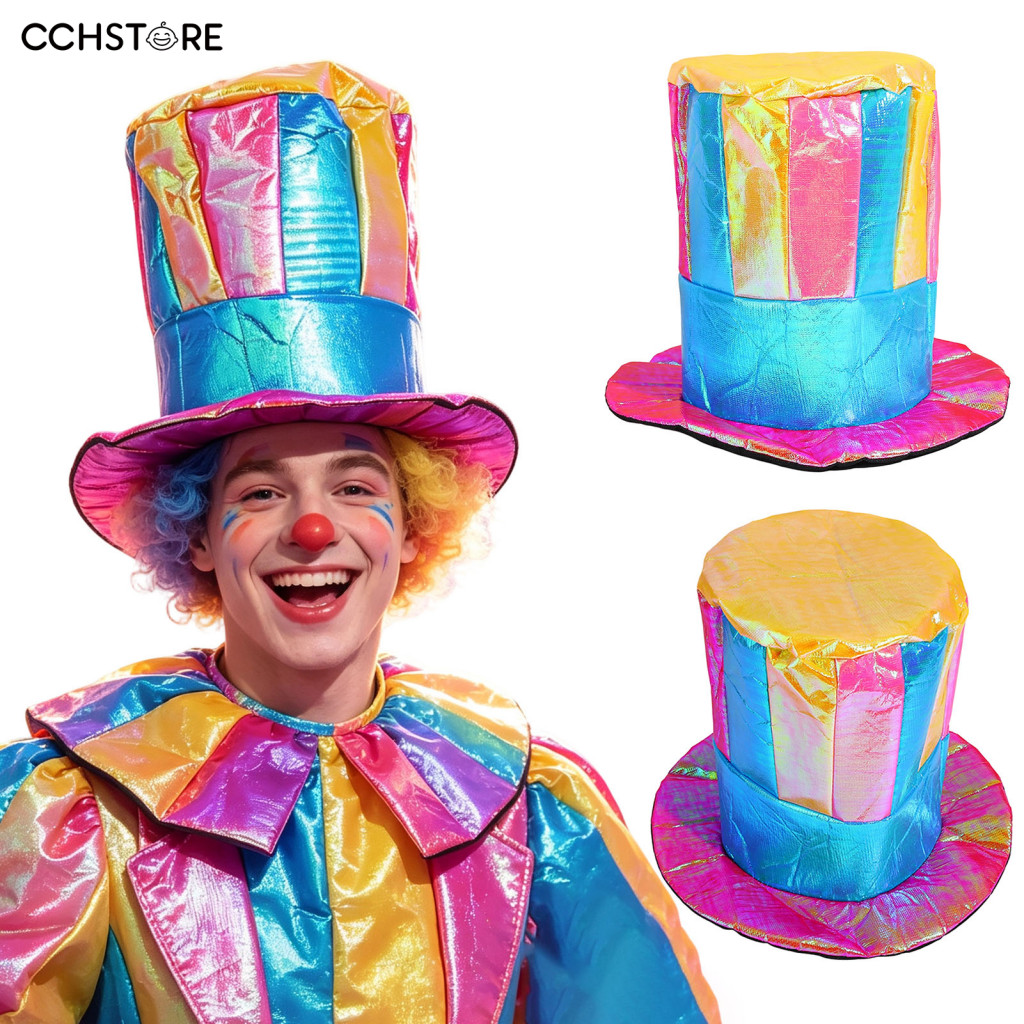 Three Dimensional Stiff Costume Hat Circus Clown Stage Prop Magician Top Colorful Glossy Wide Brim Retro Striped for Hal