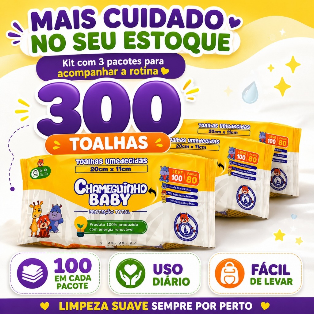 Kit 3 Toalhas Umedecidas Chameguinho Baby 100 Folhas Sem Alcool 300un Higiene Bebe Lenco Umedecido