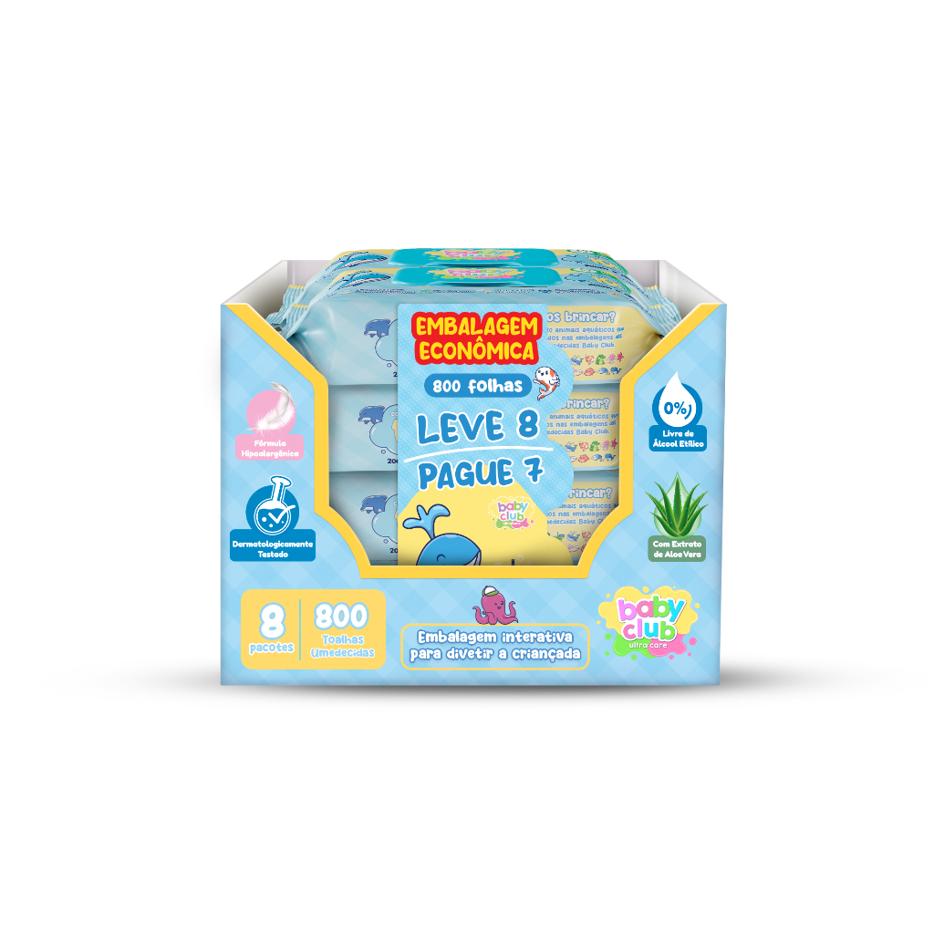 8 LENÇOS UMEDECIDOS BABY CLUB COM 100 FOLHAS CADA - LEVE 8 PAGUE 7