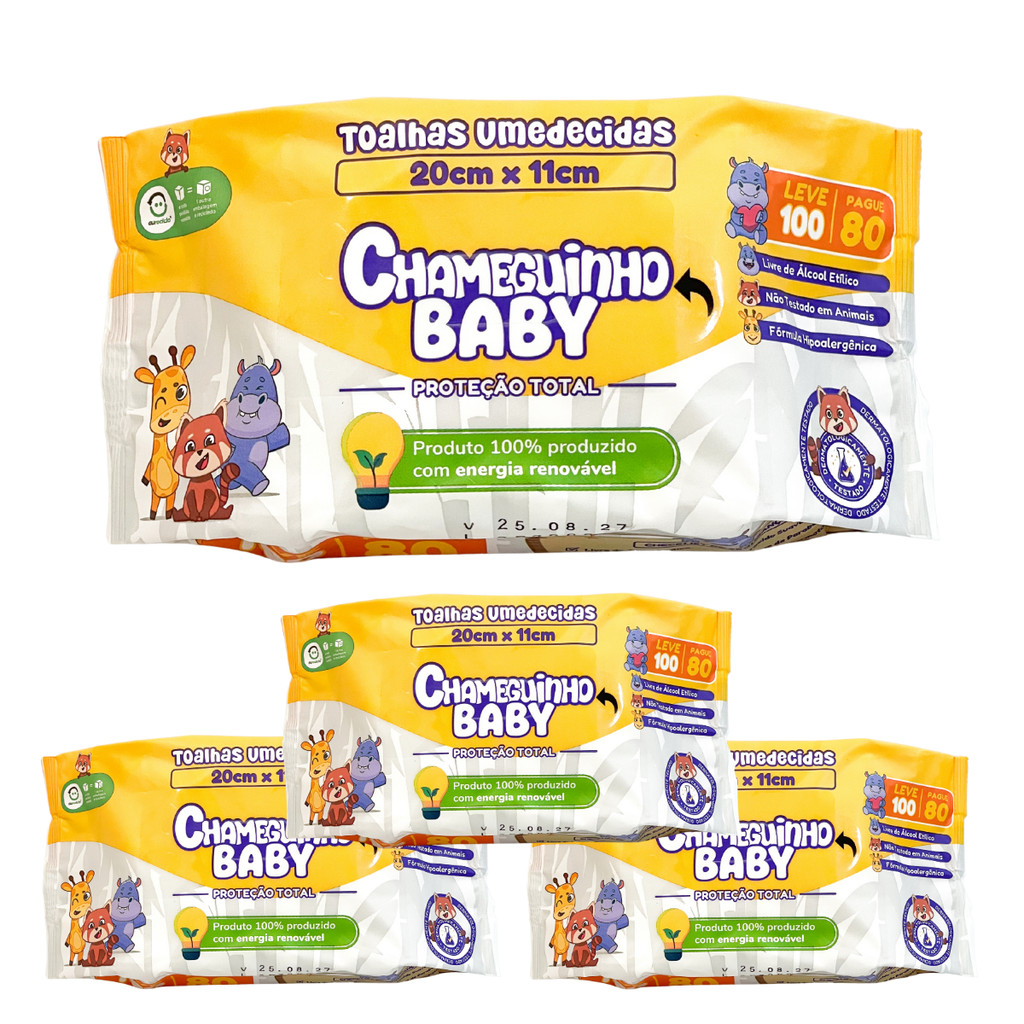 KIT 4 PACOTES CHAMEGUINHO BABY TOALHAS UMEDECIDAS LENÇO 100 FOLHAS CADA