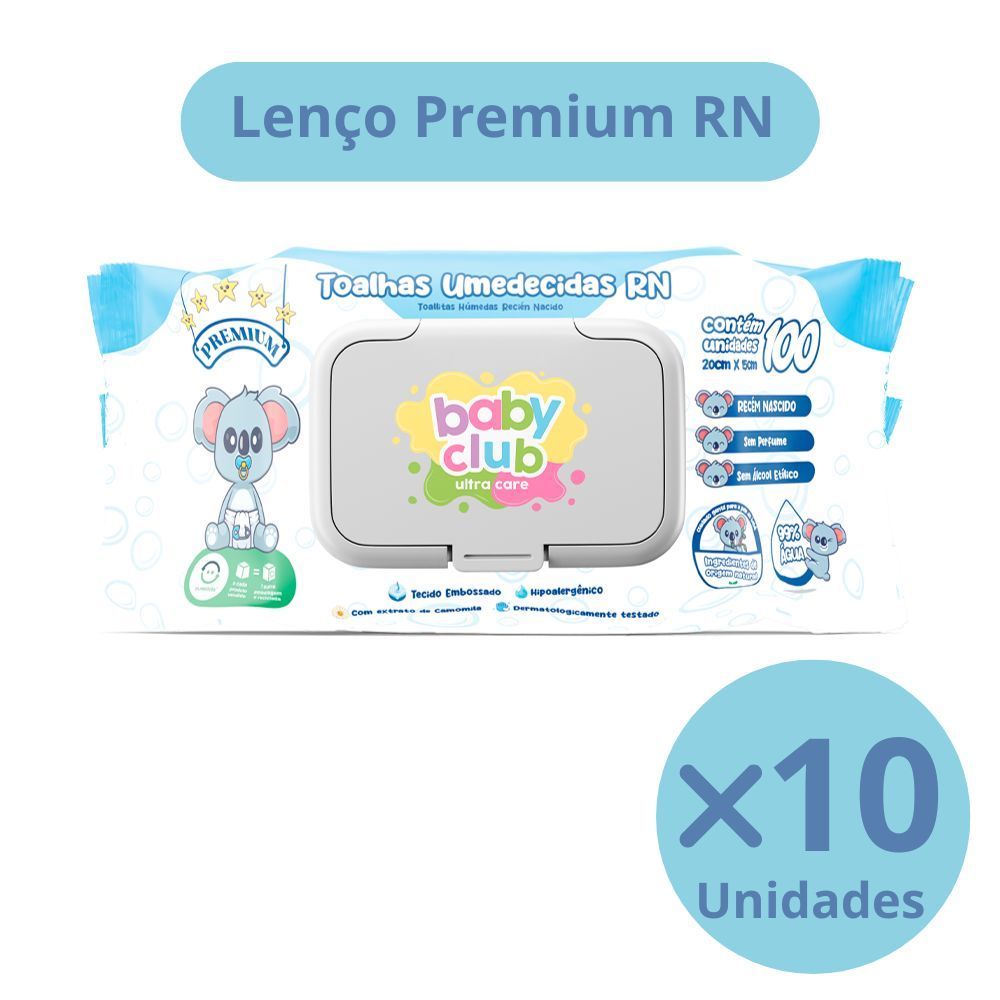 KIT 10 UNIDADES TOALHAS UMEDECIDAS RECEM NASCIDO BABY CLUB 100 FOLHAS