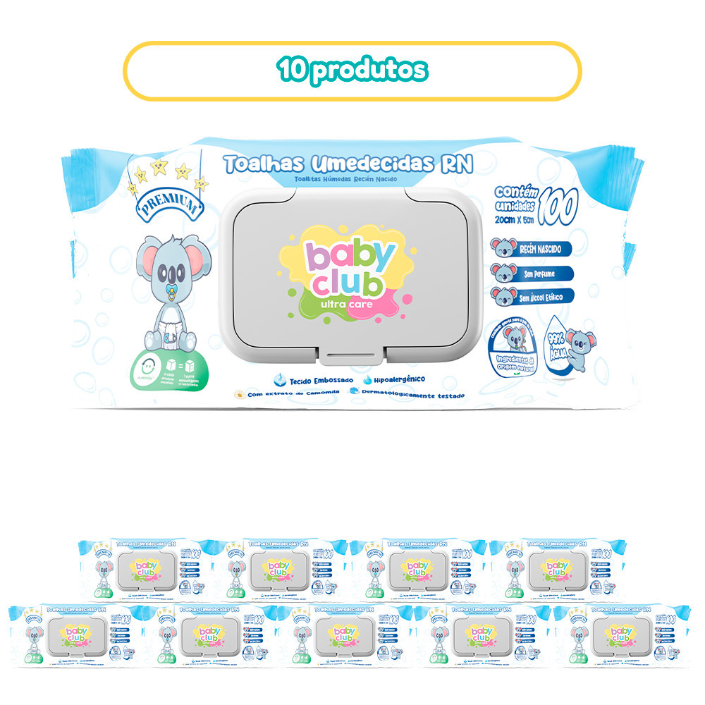 KIT 10 TOALHAS UMEDECIDAS RECEM NASCIDO BABY CLUB 100 FOLHAS
