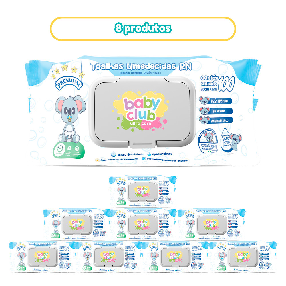 KIT 8 TOALHAS UMEDECIDAS RECEM NASCIDO BABY CLUB PREMIUM 100 FOLHAS CADA