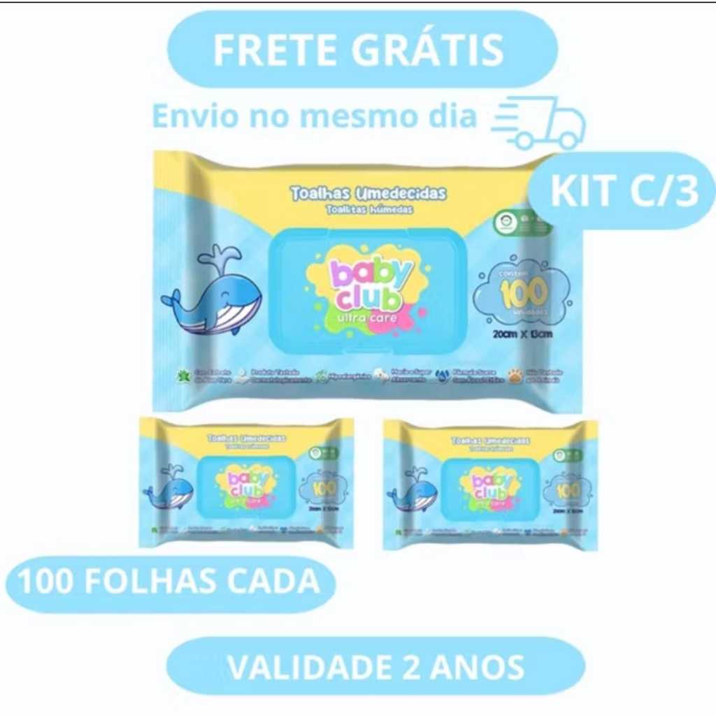Kit 3 Pacotes de Toalhas Umedecidas- Ultra care - 100 Folhas Cada - Baby Club
